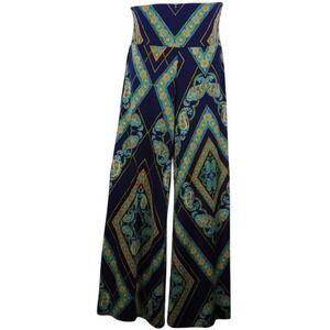 Moa USA Boho Paisley Wide Leg Palazzo Pants Navy Blue Bohemian Geometric Med A50
